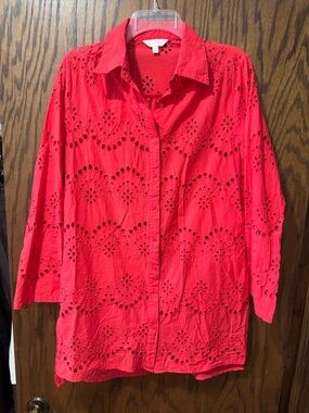Adiva Red Eyelet Button-Down Shirt